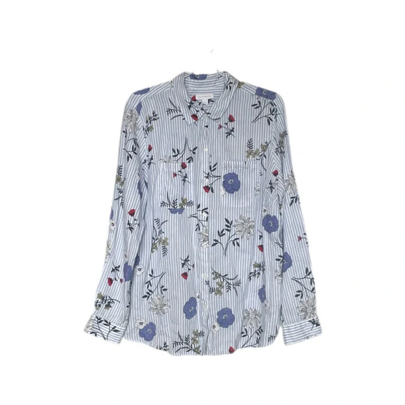 Charter Club Blue Striped Floral Print Linen Button Down Roll Tab Sleeve Women L - Picture 1 of 11